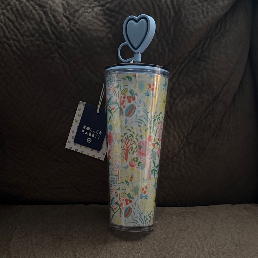 Roller Rabbit Pastel Floral Travel Tumbler with Blue Heart Top
